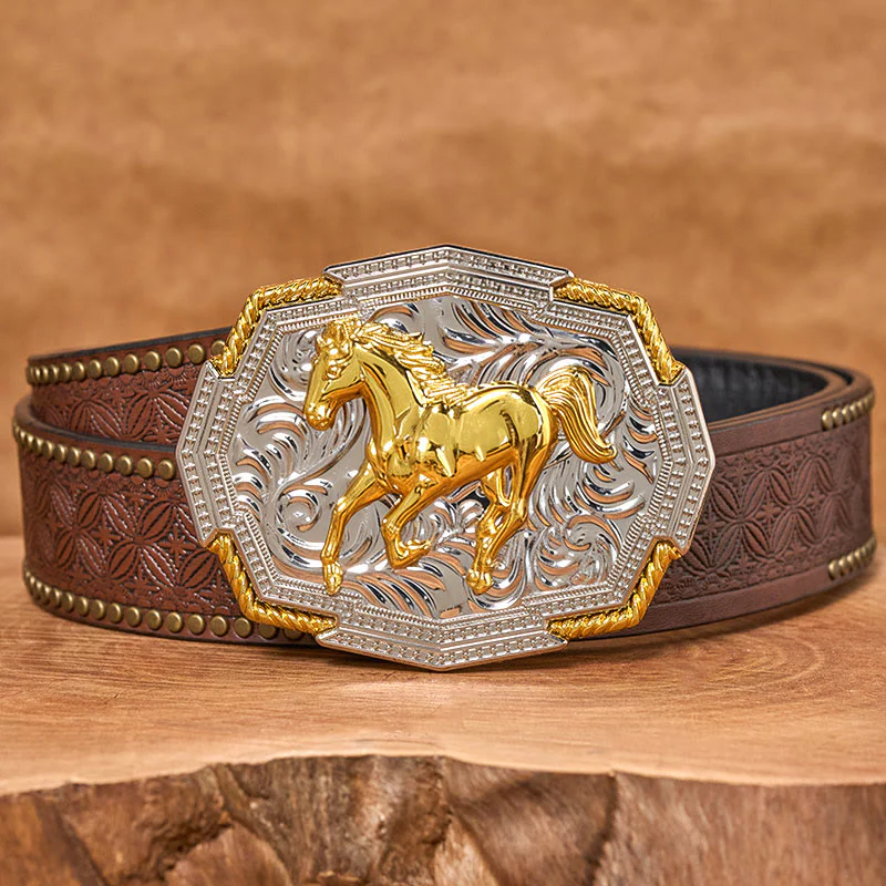 Men's Western Gold And Silver Relief Galloping Horse Buckle Leather Belt - Image 5