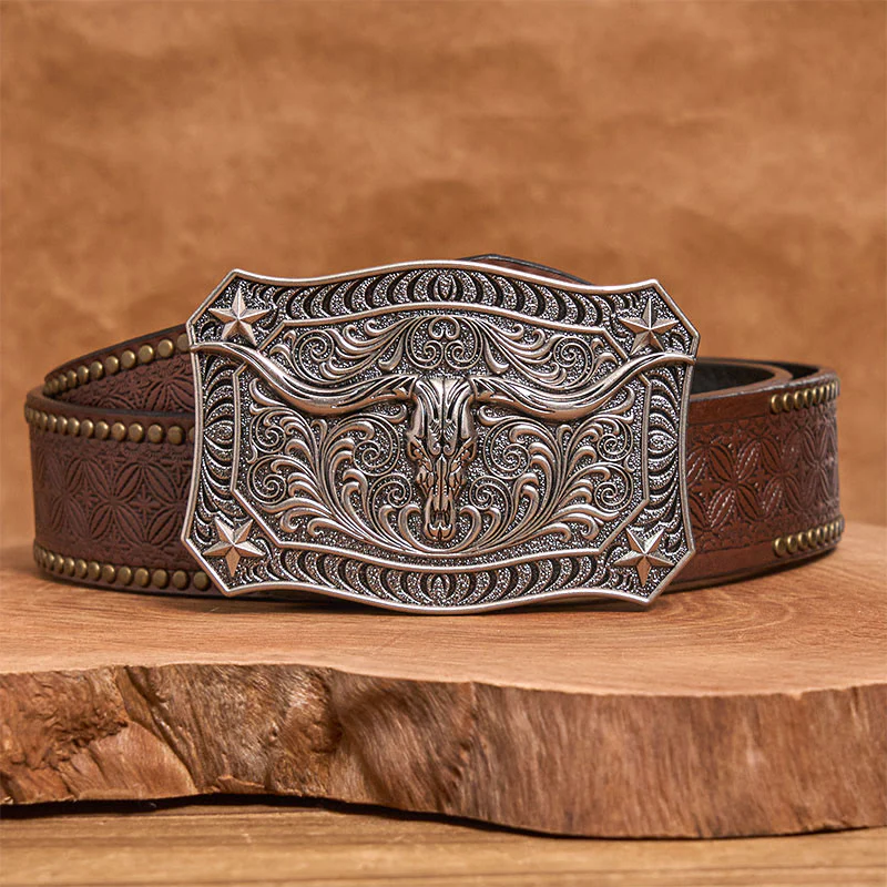 Men's Western Longhorn Skull Ornate Buckle Leather Belt - Image 10