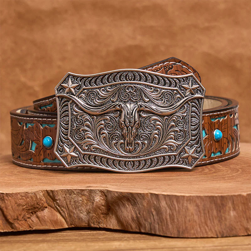 Men's Western Longhorn Skull Ornate Buckle Leather Belt - Image 8