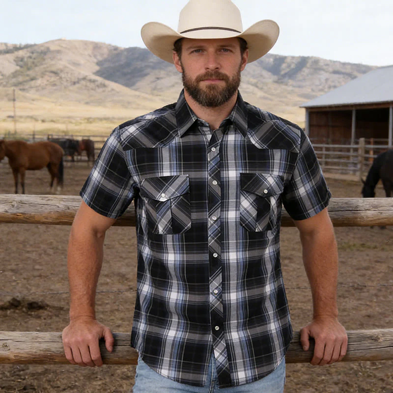 Men's Western Style Black And White Checkered Cowboy Shirt - Image 2