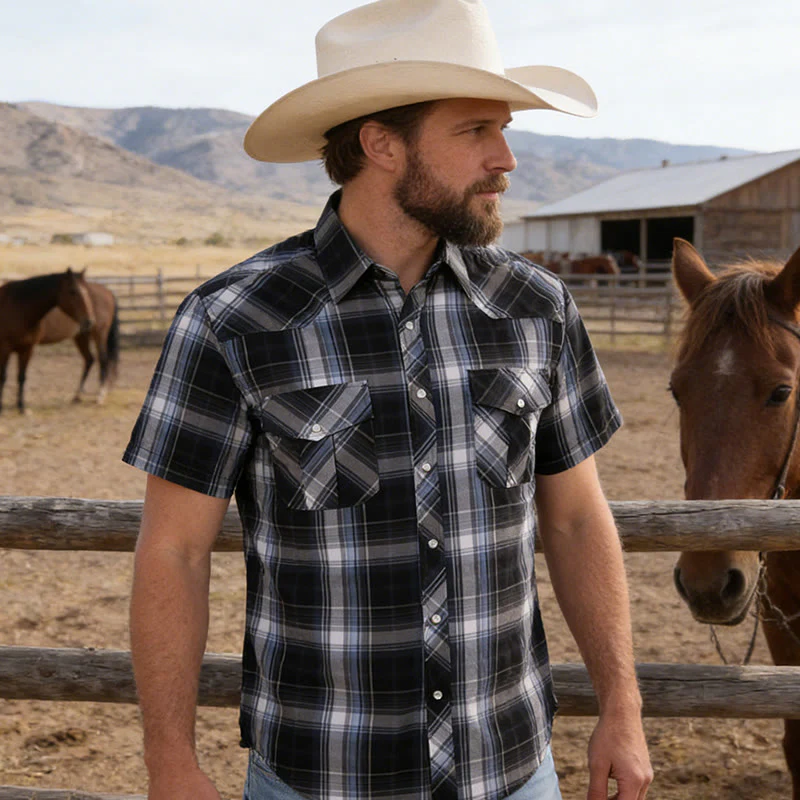 Men's Western Style Black And White Checkered Cowboy Shirt - Image 3