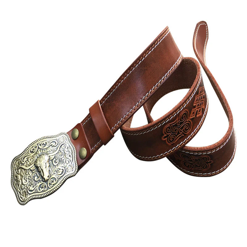 Men's Western Style Copper Bullhead Buckle Embossed Leather Belt - Image 9