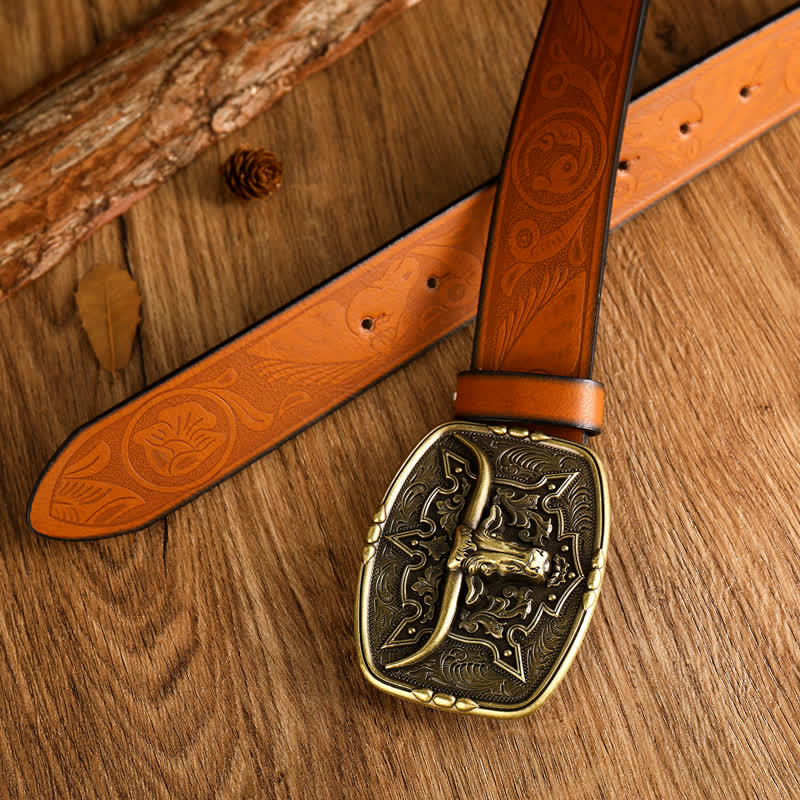 Men's Western Style Cow Head Printed Leather Belt - Image 5