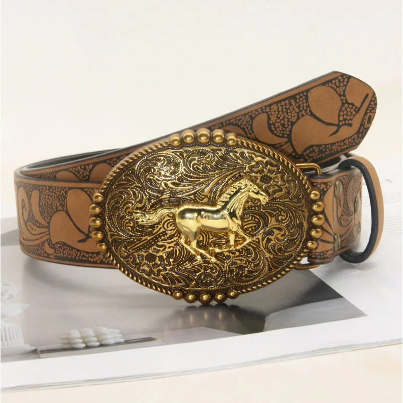 Men's Western Style Double Horsehead Buckle Embossed Leather Belt - Image 7
