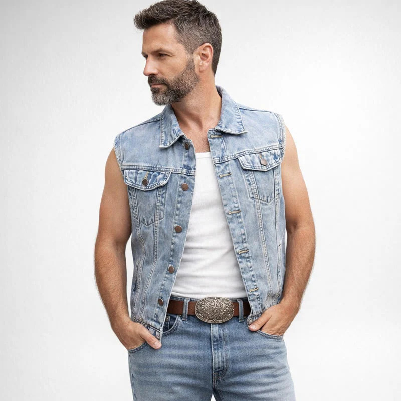 Men's Western Style Double Pockets Denim Vest - Image 3