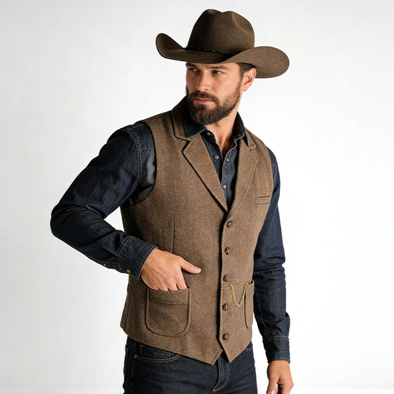 Men's Western Style Herringbone Pattern Single Breasted Vest With Chain - Image 3