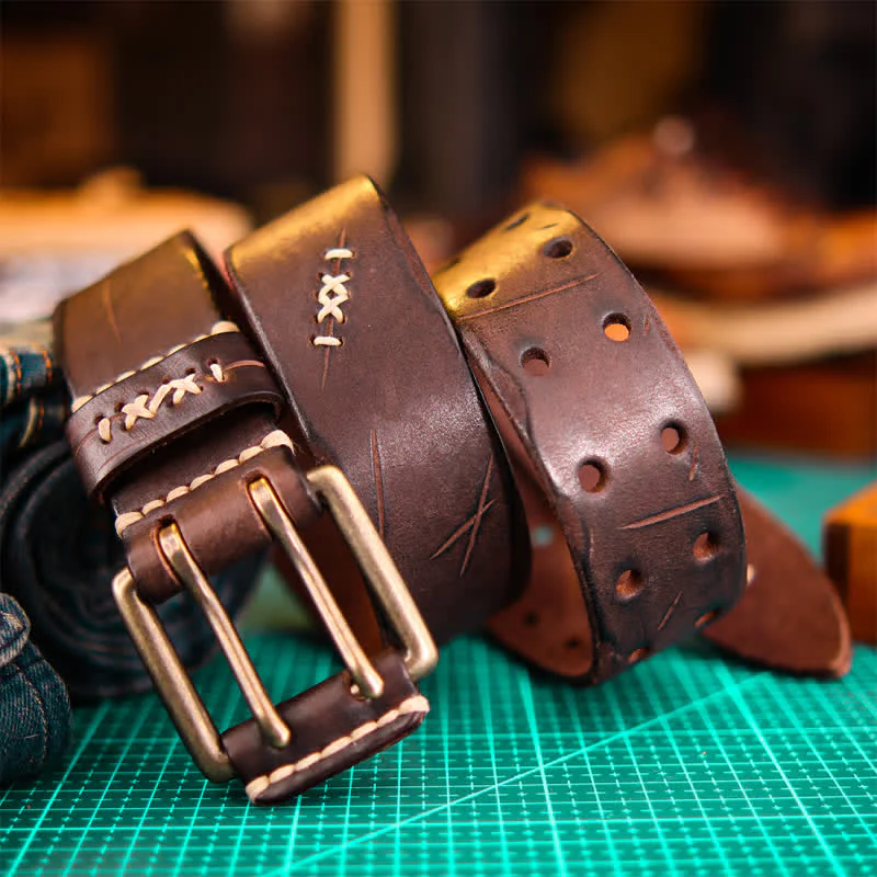 Men's Wide Double Pin Buckle Leather Belt - Image 12