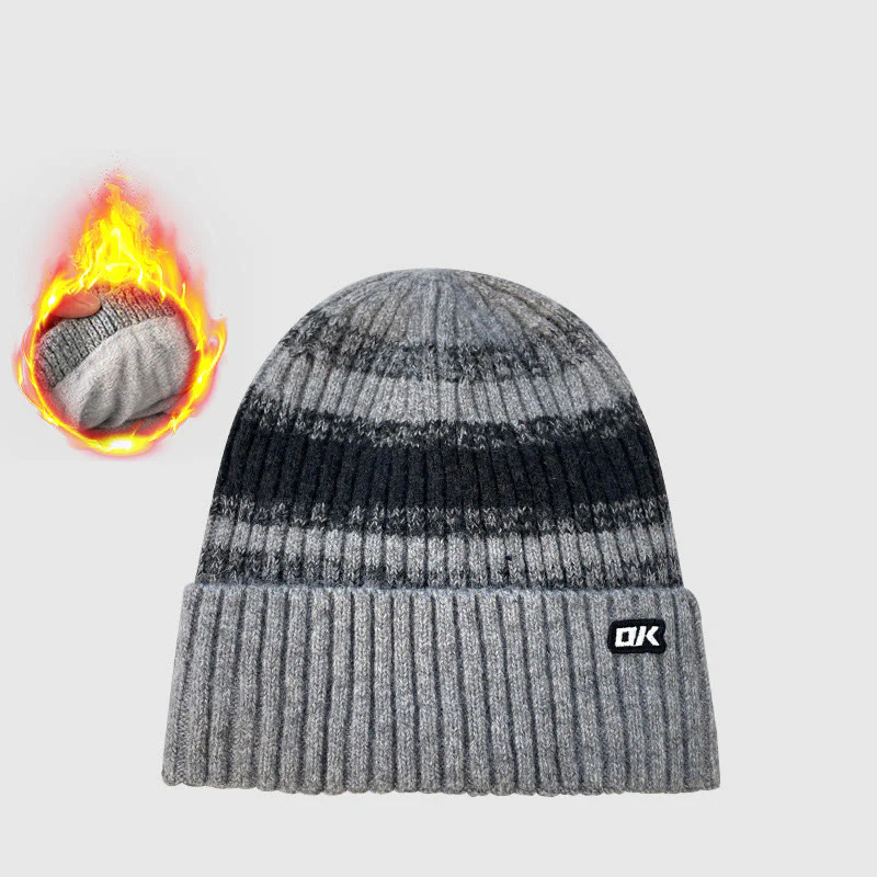 Men's Winter Fleece-Lined Striped Knitted Beanie Hat - Image 4