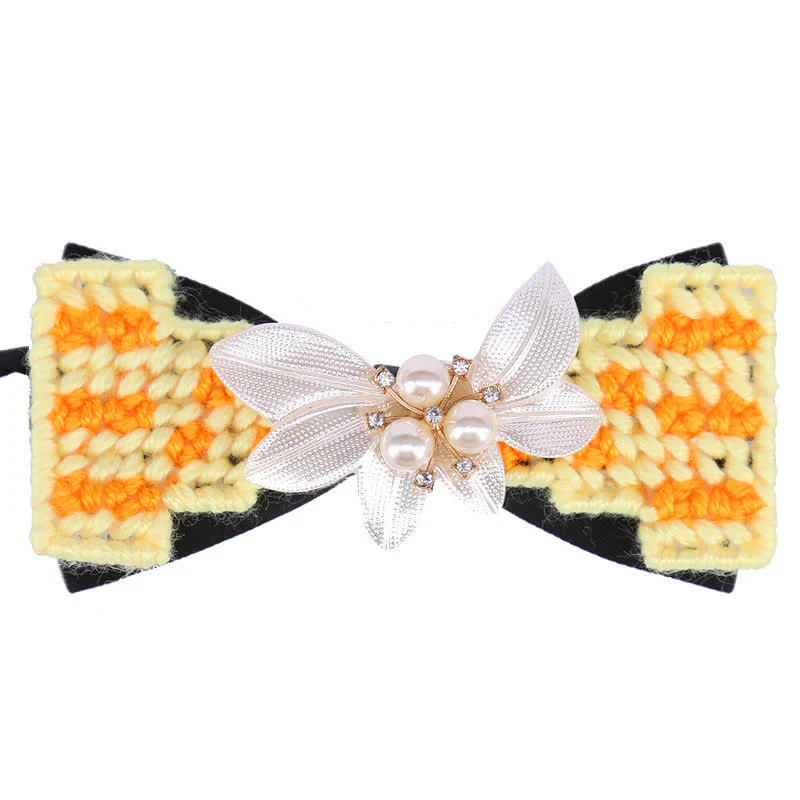Men's Wool Weave Pearl Rinestone Flower Bow Tie - Image 10