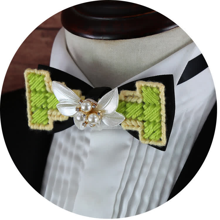 Men's Wool Weave Pearl Rinestone Flower Bow Tie - Image 3