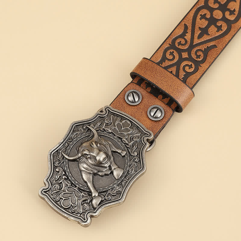 Men's Yak Matador Bull Engraved Floral Leather Belt - Image 2