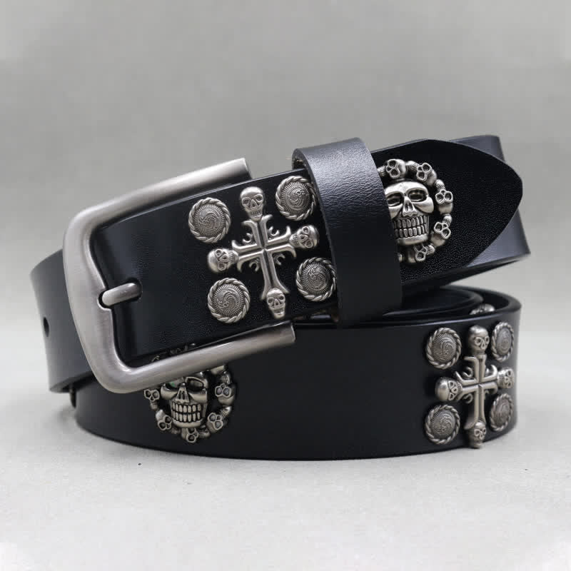 Metal Rivet Skull & Cross Pattern Studded Leather Belt - Image 3