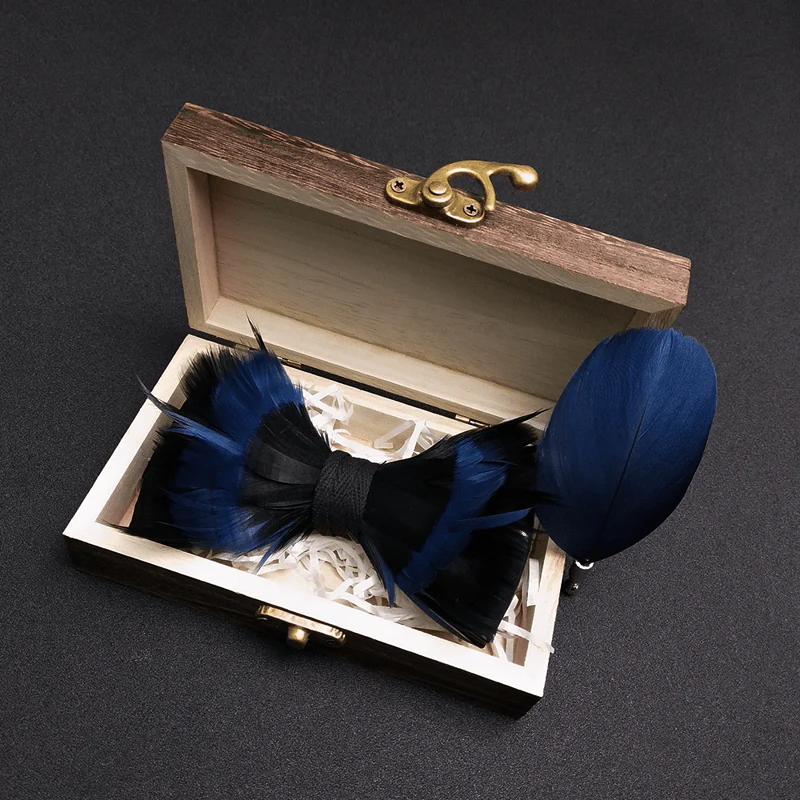 MidnightBlue & Black Feather Bow Tie with Lapel Pin - Image 2