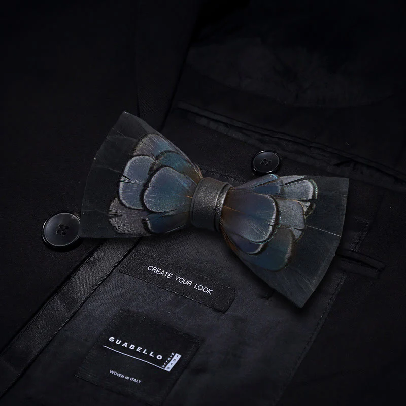 MidnightBlue Mysterious Feather Bow Tie with Lapel Pin - Image 3