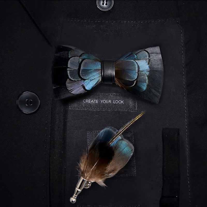 MidnightBlue Mysterious Feather Bow Tie with Lapel Pin - Image 4