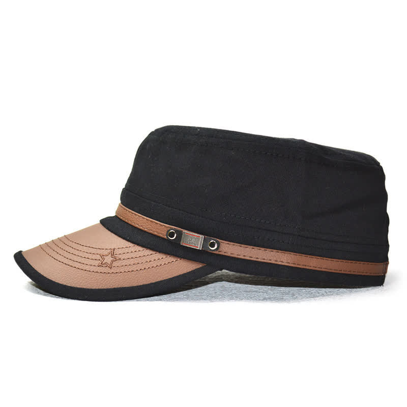 Military-Style Leather Accents & Star Embroidery Flat Top Hat - Image 5