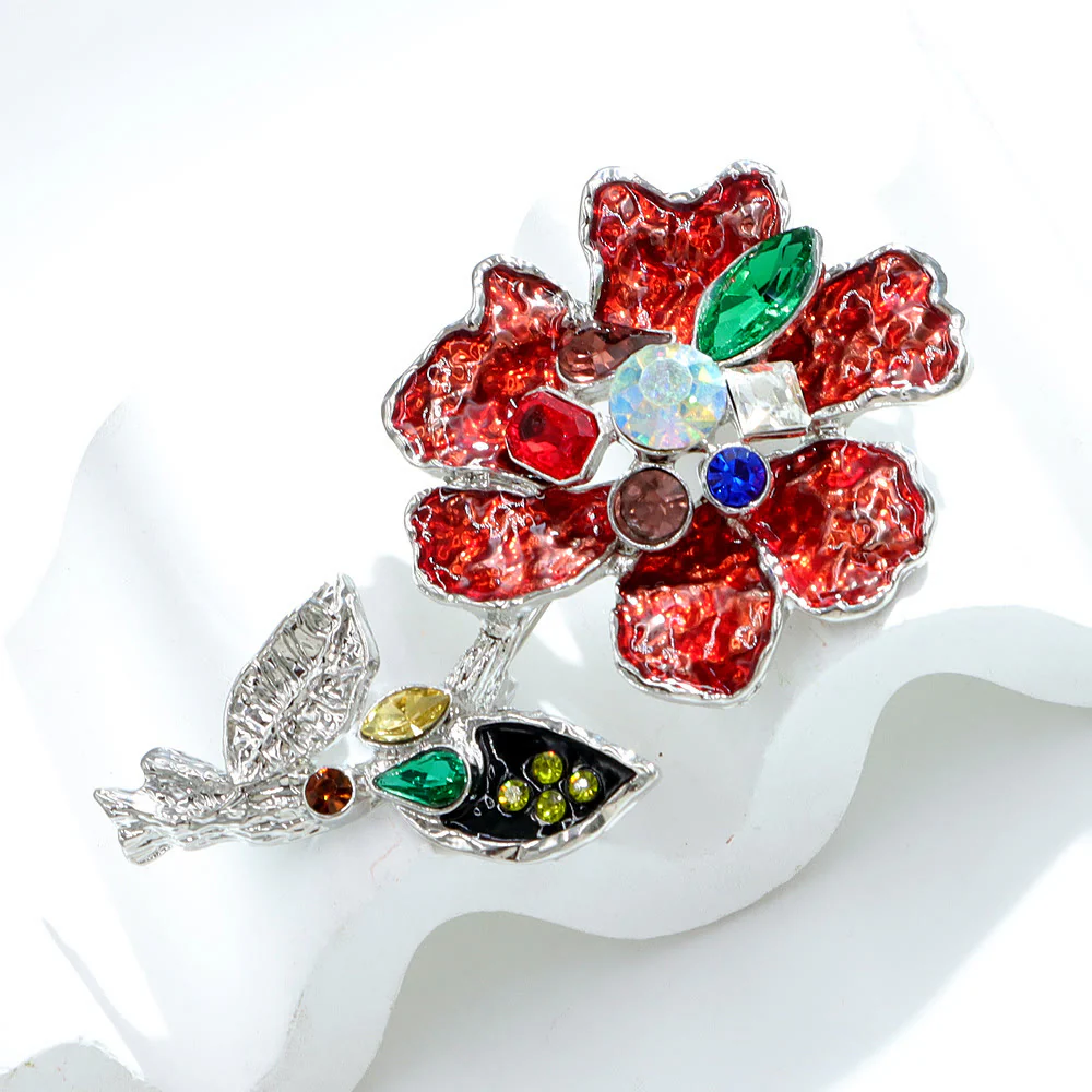 Multicolored Crystal Floral Silver Brooch - Image 3