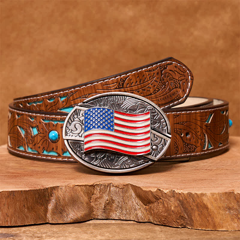 Men's DIY American Flag Hidden Folding Knife Leather Belt - Image 7