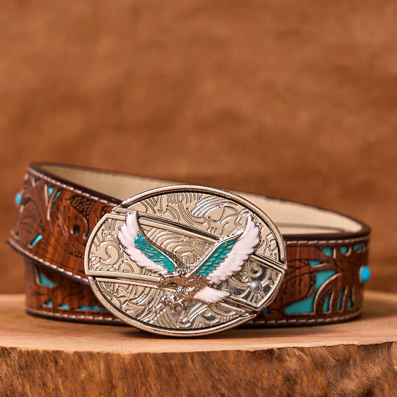 Men's DIY Blue & White Flying Eagle Hidden Folding Knife Leather Belt - Image 5