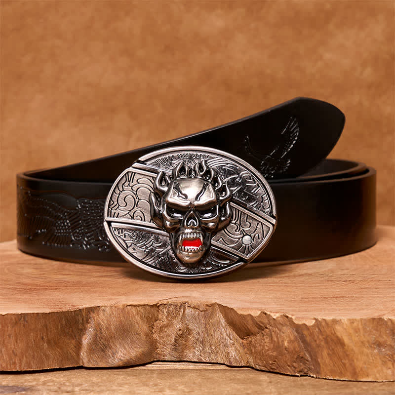 Men's DIY Flame Skull Hidden Folding Knife Leather Belt - Image 6