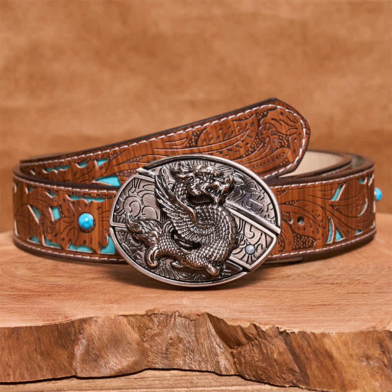 Men's DIY Flying Dragon Hidden Folding Knife Leather Belt - Image 7