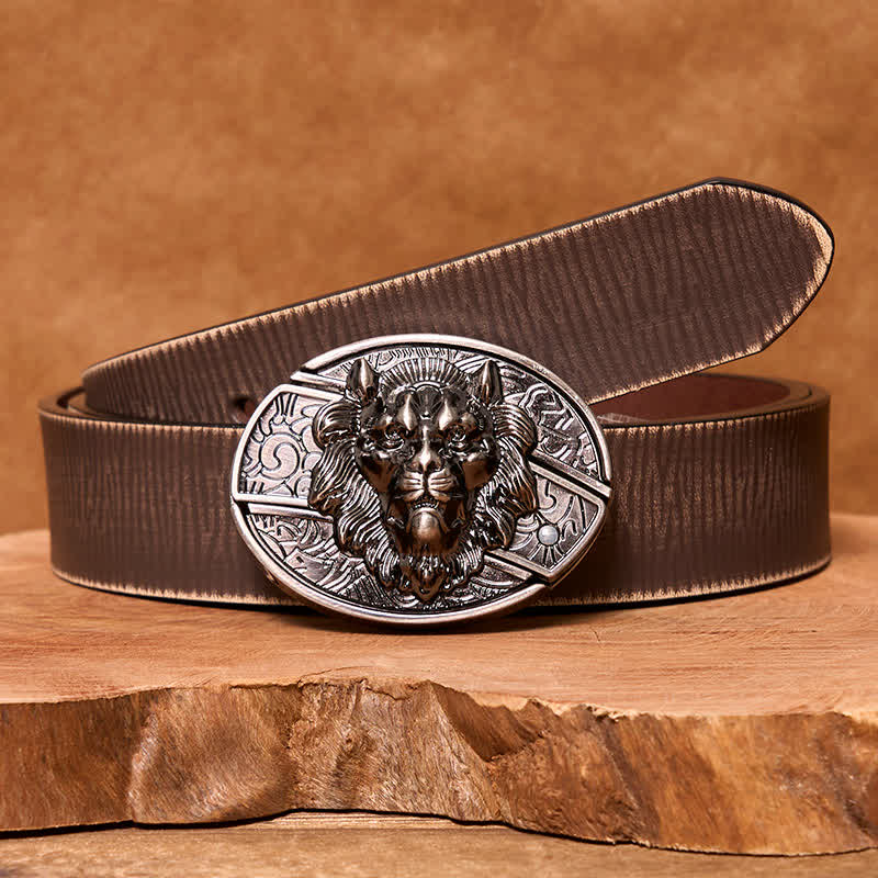 Men's DIY Lion Insignia Hidden Folding Knife Leather Belt - Image 2