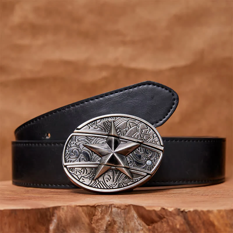 Men's DIY Pentagram Hidden Folding Knife Leather Belt - Image 5