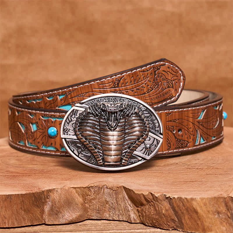 Men's DIY Venomous Cobra Hidden Folding Knife Leather Belt - Image 2