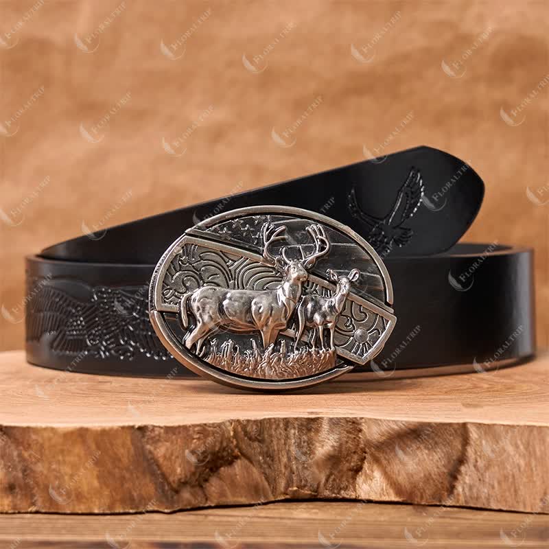 Men's DIY Deer Flag Hidden Folding Knife Leather Belt - Image 2