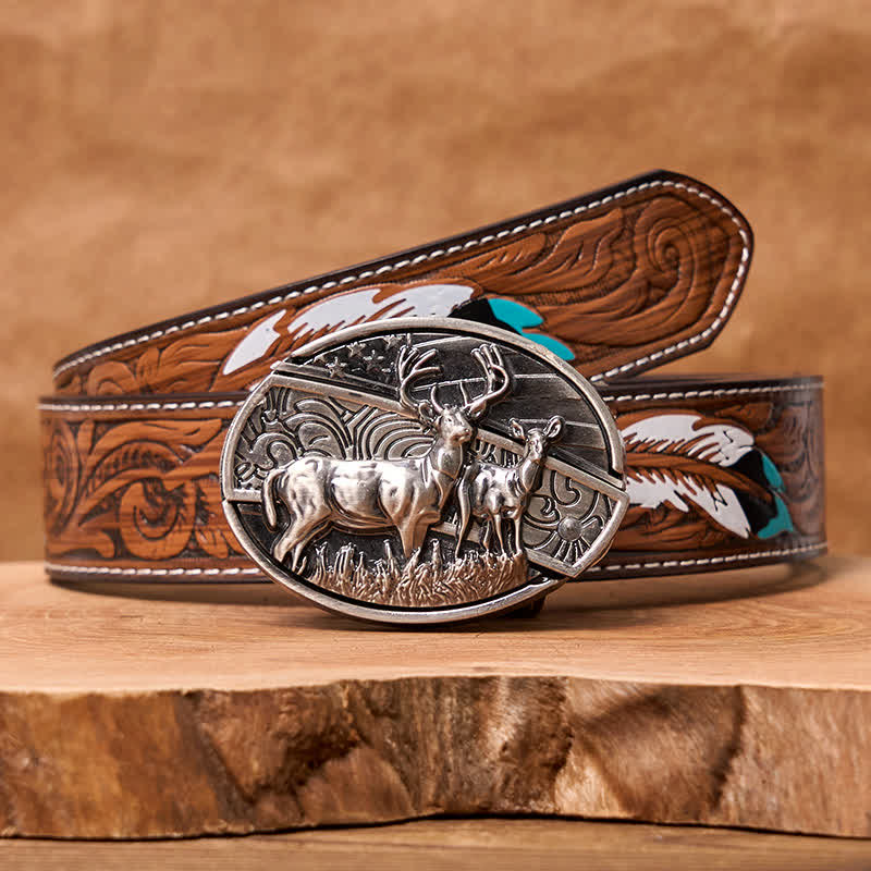 Men's DIY Deer Flag Hidden Folding Knife Leather Belt - Image 8