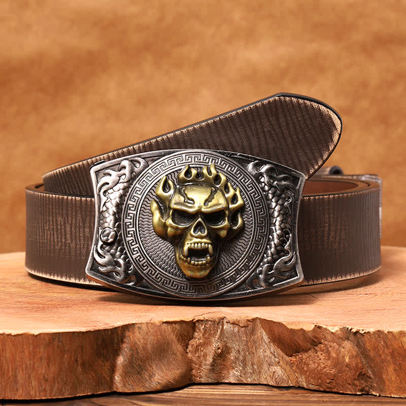Men's DIY Flame Skull Hidden Folding Knife Leather Belt - Image 2