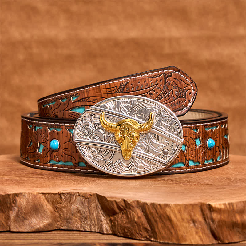 Men's DIY Gold & Silver Bull Hidden Folding Knife Leather Belt - Image 6