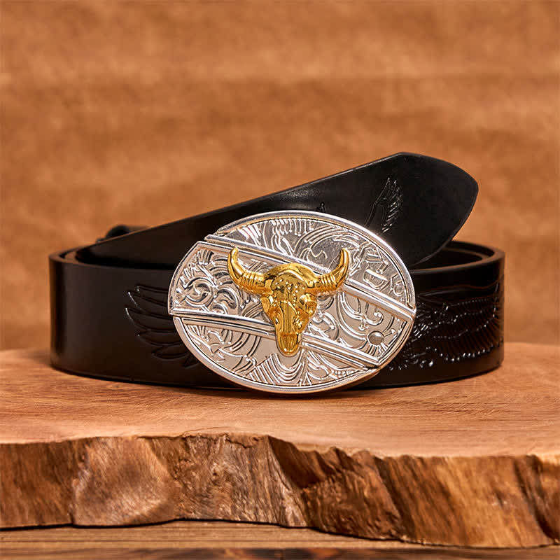 Men's DIY Gold & Silver Bull Hidden Folding Knife Leather Belt - Image 5