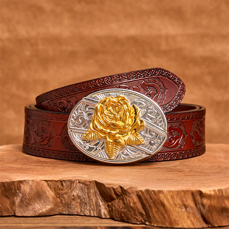 Men's DIY Gold & Silver Rose Hidden Folding Knife Leather Belt - Image 8