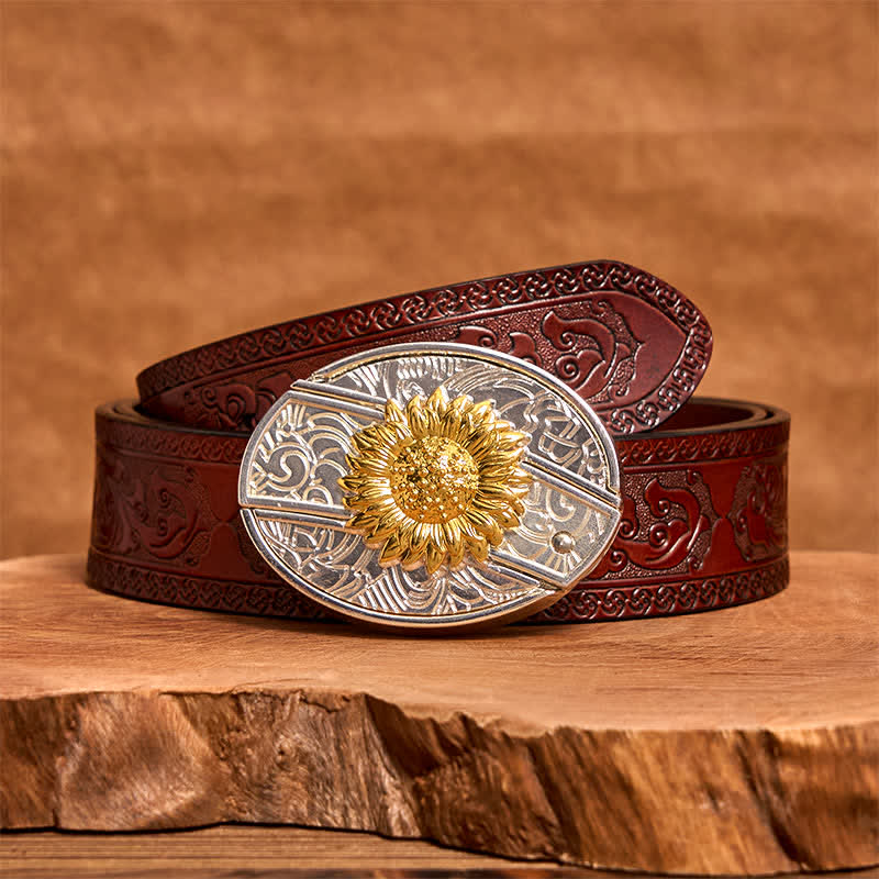 Men's DIY Gold & Silver Sunflower Hidden Folding Knife Leather Belt - Image 7