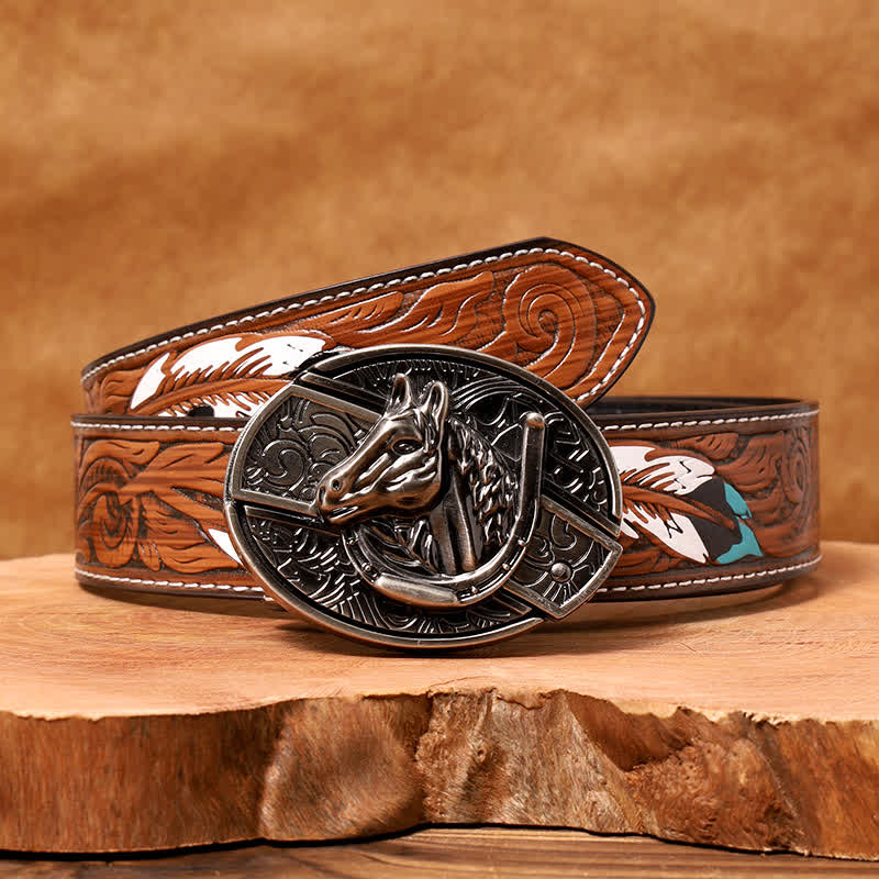 Men's DIY Horse Head Hidden Folding Knife Leather Belt - Image 8