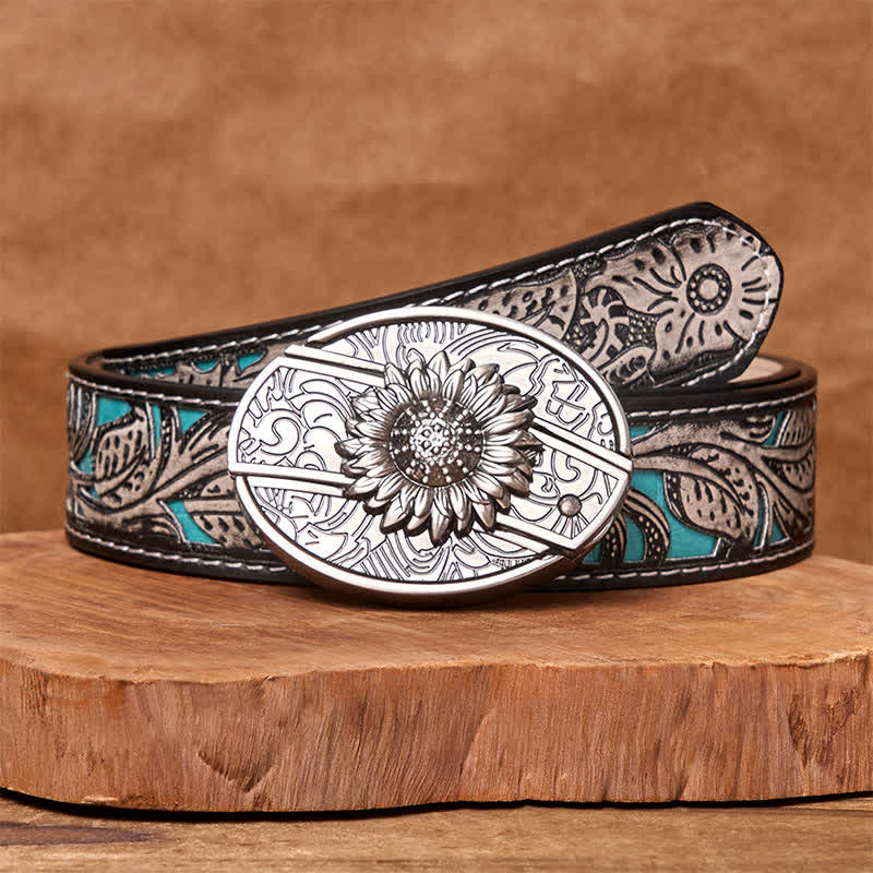 Men's DIY Sunflower Hidden Folding Knife Leather Belt - Image 15