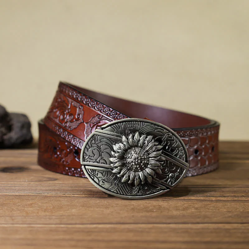 Men's DIY Sunflower Hidden Folding Knife Leather Belt - Image 3