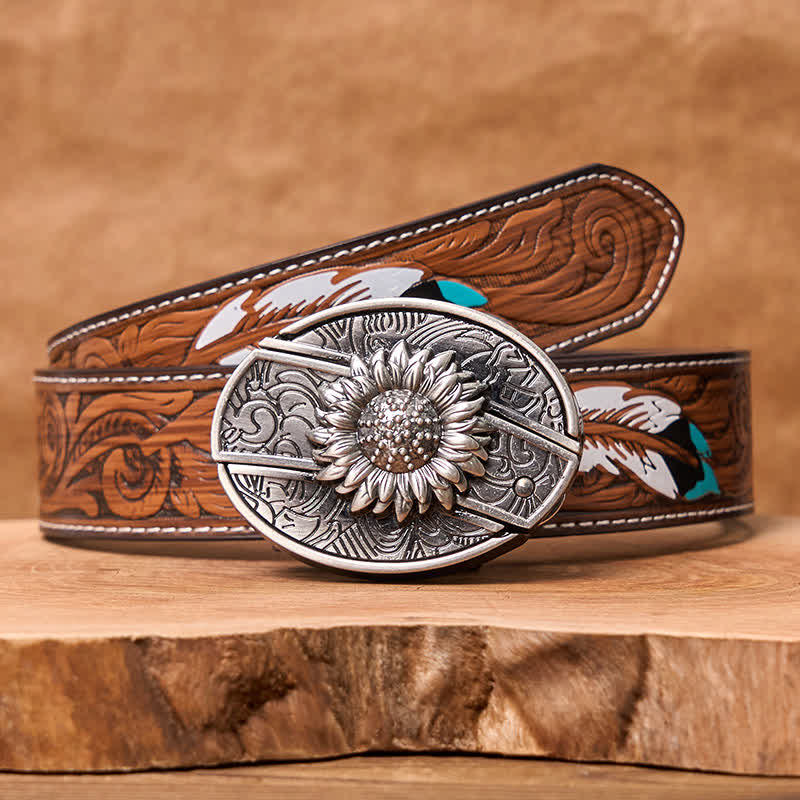 Men's DIY Sunflower Hidden Folding Knife Leather Belt - Image 7