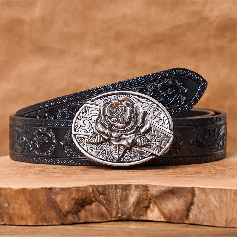 Men's DIY Western Rose Hidden Folding Knife Leather Belt - Image 6