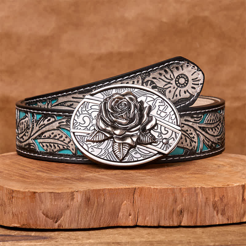 Men's DIY Western Rose Hidden Folding Knife Leather Belt - Image 11