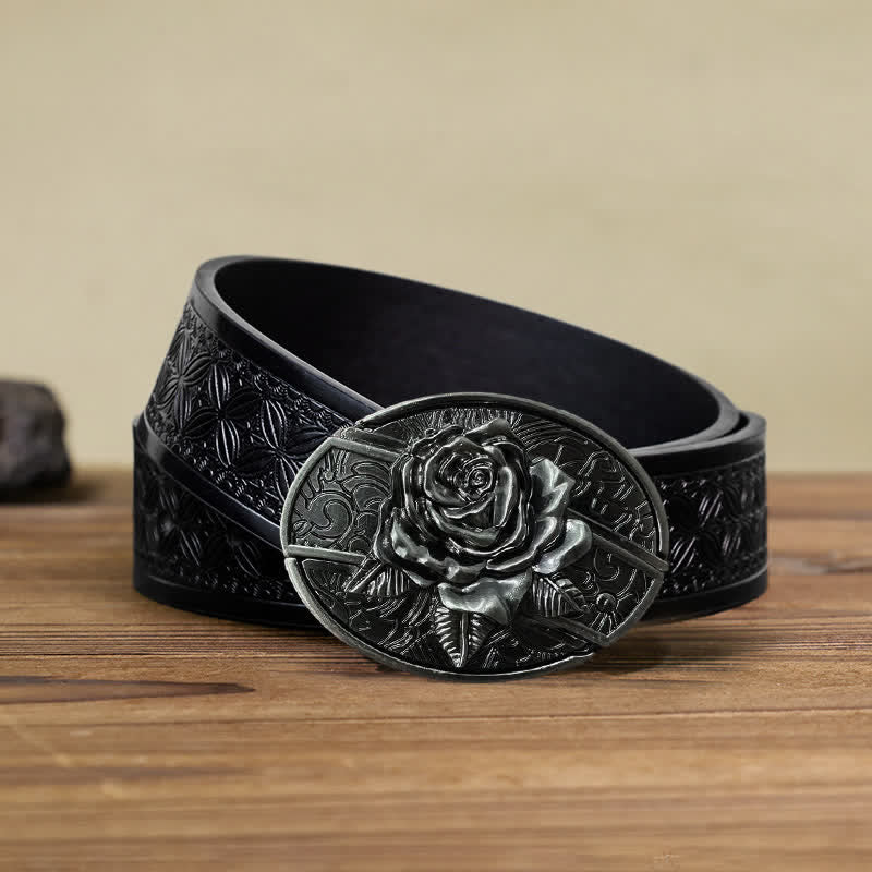 Men's DIY Western Rose Hidden Folding Knife Leather Belt - Image 3