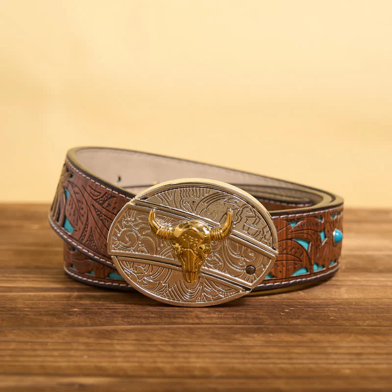 Men's DIY Gold & Silver Bull Hidden Folding Knife Leather Belt