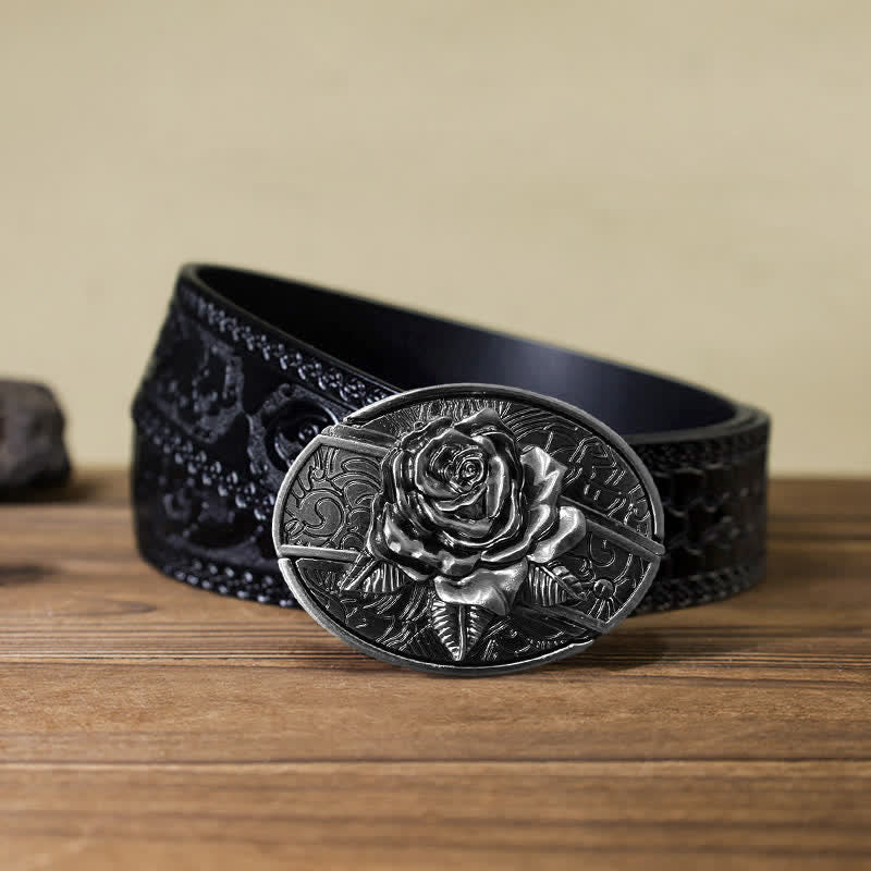 Men's DIY Western Rose Hidden Folding Knife Leather Belt - Image 3