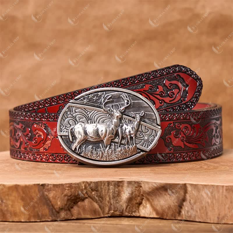 Men's DIY Deer Flag Hidden Folding Knife Leather Belt - Image 3
