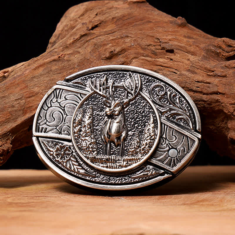 Men's DIY Forest Deer Hidden Folding Knife Leather Belt - Image 3