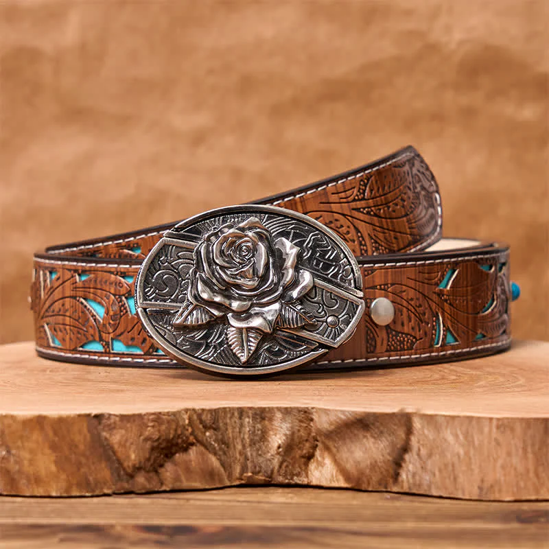 Men's DIY Western Rose Hidden Folding Knife Leather Belt - Image 4