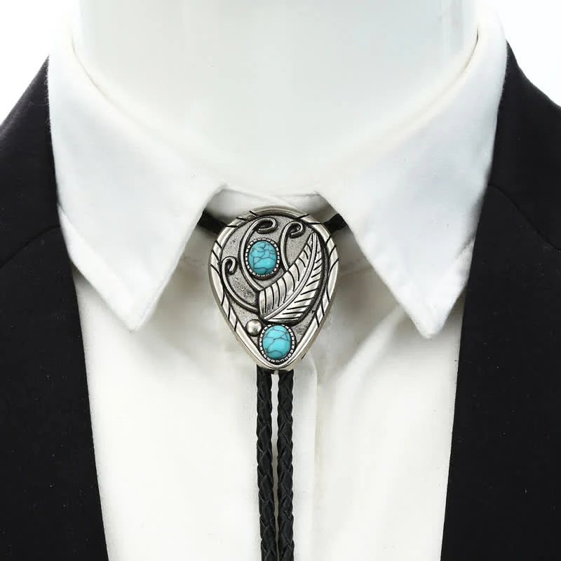 Native Cowboy Leaves Natural Stone Inlaid Bolo Tie - Image 2
