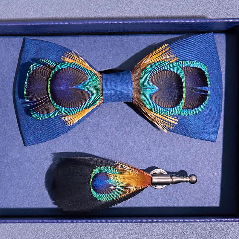 Navy Blue Peacock Tail Big Eye Feather Bow Tie - Image 4