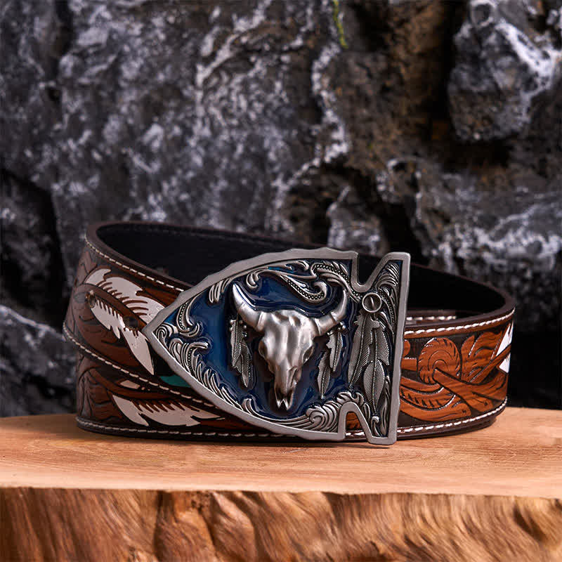 Navy Enamel DIY Arrowhead Shaped Bull Buckle Leather Belt - Image 8